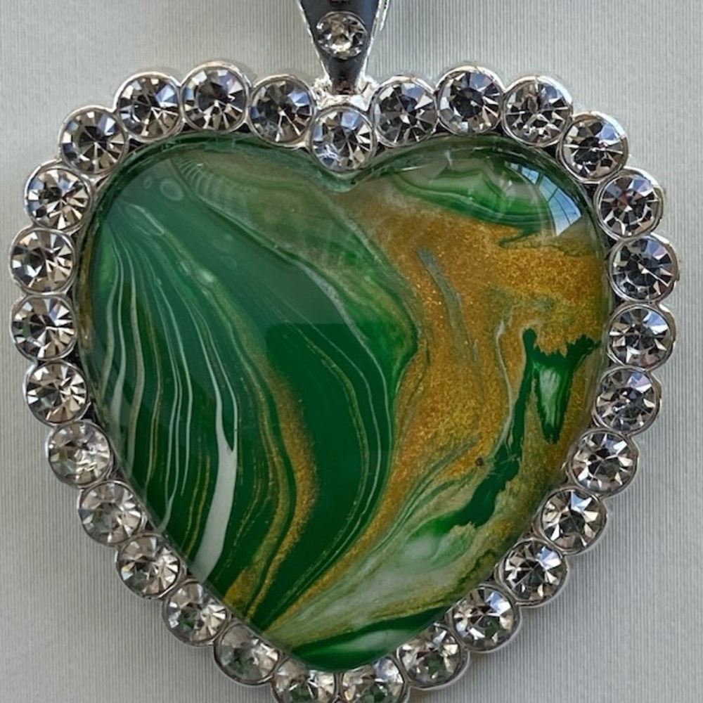 Handmade Green Gold Heart Fluid Art Glass Pendant Necklace with Rhinestones